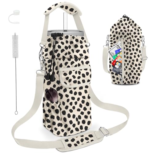 bolimoss Polka Dot Water Bottle Holder with Strap 4 Pockets, 24oz/32oz/40oz Tumbler Cute Water Bottle Carrier Sling Bag Crossbody Insulated Water Bottle Sleeve for Hiking Walking
