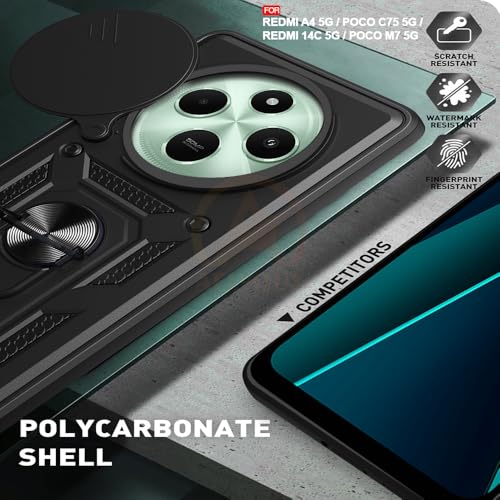 Image of Armor Bumper Back Cover Case for Redmi A4 5G / Redmi 14C 5G / Poco C75 5G / Poco M7 5G Rotating Camera Cover, Ring Holder & Kickstand | Heavy Duty & 360 Degree Protection Back Cover (Black)