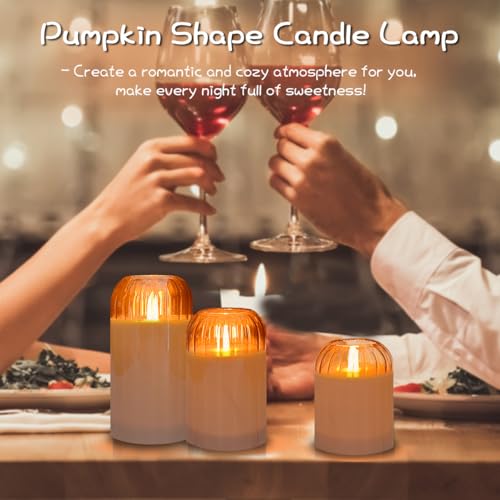 Image of LEDHOLYT Rechargeable Jar Flameless Candle, Flashing LED Pillar Real Wax Candle with Remote Control and Timer, Black Pumpkin Glass Electronic Candles for Room Decoration, 1 Set of 3