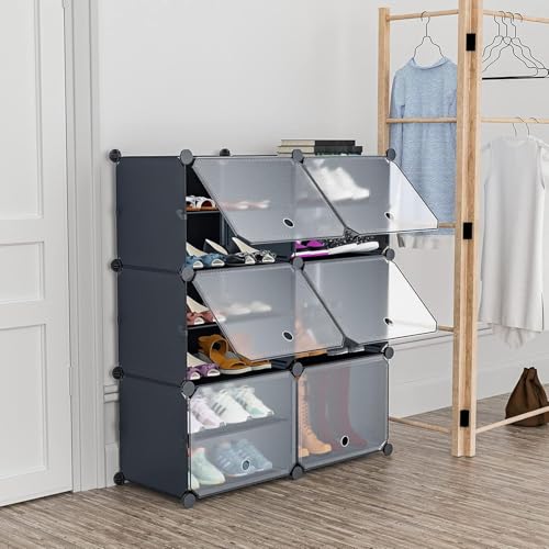 Image of YASONIC Premium Modular Plastic Shoe Rack for Home with Door | 12-Tier Stackable Shoe Organizer | Waterproof & Dustproof | Space Saving Storage for Home, Bedroom & Entryway [Grey HN1, 12-Shelf-6-Door]