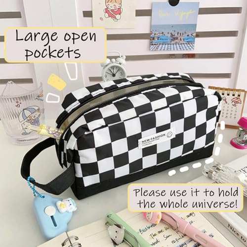 Image of KEYDUACU High Capacity Pencil Case for Teen - Black & White Checkered, Large Pen Bag Organizer with Easy Grip Handle & Loop, Includes Funny & Cute Journaling Supplies(Checkered)
