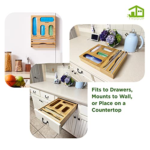 Tyddup - 6 In 1 Ziplock Bag Organizer With Alum. Foil/Plastic Wrap Dispenser With Cutter & Labels For Kitchen Drawer |Bamboo Kitchen Organization |Compatible Gallons,Quarts,Snack,And Sandwich Bags. #TOP4