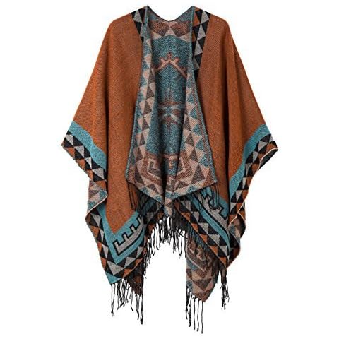 Urban GoCo Women's Printed Tassel Open front Poncho Cape Cardigan Wrap Shawl (#5 Orange) Cover