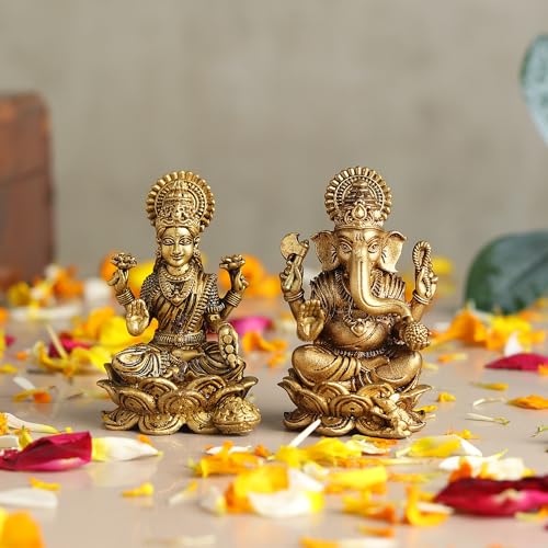 Image of Habere India-All the Cultures Fabricating India Brass Lakshmi Ganesh Idol Set for Pooja Room | Pure Brass Lakshmi Ganesh Murti for Home | Decorative Statue for Mandir (Design09: L4.5 x W4 x H6 cm)