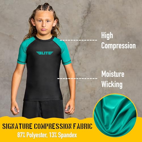Image of Elite Sports Kids Jiu Jitsu BJJ Rash Guard, Short Half Sleeve Compression Shirt for Youth Boys Girls Sports Nogi Training