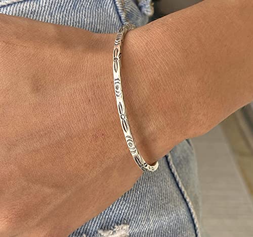 Sterling Silver Boho Floral Cuff Bracelet, Handmade Thin Delicate Squarish Bangle with oxidized flowers engraving, adjustable, Gift for Her3