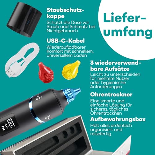 Medi Grade Elektrischer Ohrentrockner - Tragbares Warmluftgerät zum Ohren Trocknen mit Wohltuendem Rotlicht, Einstellbarer Temperatur und USB-C - Ideal nach dem Schwimmen oder Duschen