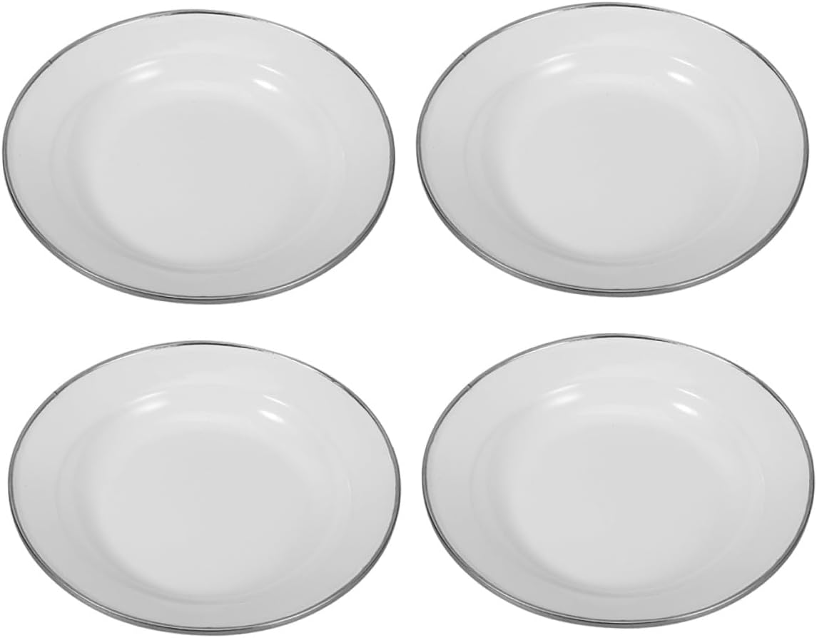 Hemoton 4pcs White Thickened Vintage Enamelware Plates 22cm Retro Style Restaurant Serving Plates for Snacks Fruits Appetizer Tableware