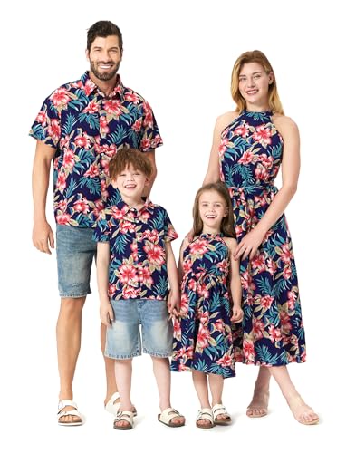 Image of PATPAT Family Hawaiian Matching Outfits - Mommy and Me Vacation Outfits | Halter Sundresses and Button Down Shirts,Caribbean Vacation Summer Tropical Outfits,Hawaiian Boho Tropical Floral Printed