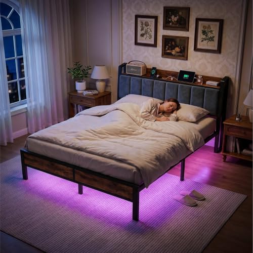 Image of Liians Queen Size Bed Frame with Storage Headboard, LED Lights | Charging Station, Heavy Duty, Metal Platform Bed, Noise Free, No Box Spring Needed