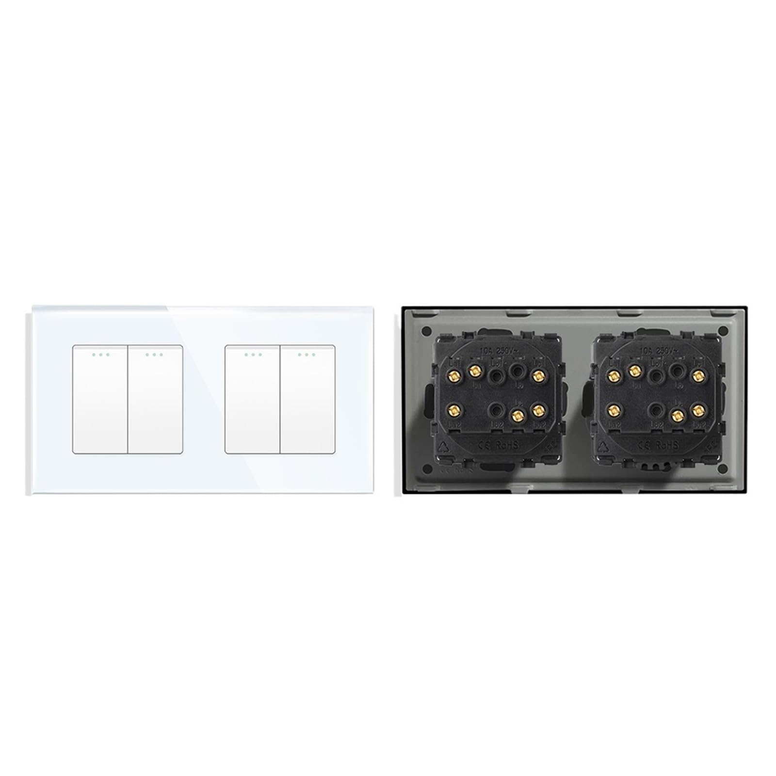 Lichtschalter Unterputz,Lichtschalter Einfacher Stil Kristallglas-Panel Doppel 1 2 3 4 Gang/Wege Wandleuchte Druckknopfschalter 10A(Double 2G2W,Black)