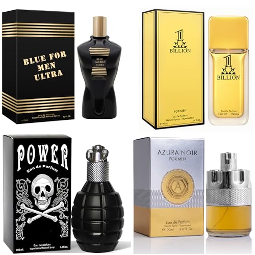 Mens Cologne Set, EDP, 4 Pack (3.4 oz / 100 mL), Power, AzuraI, 1 BILLION FOR MEN, BLUE FOR MEN, Weekend Casual Blue, for date nights and cool-weather events