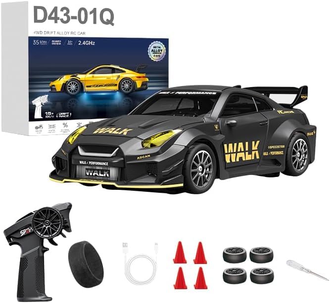 1:43 RC Drift Car 20KM/H with Gyro, 2.4G 4WD Full Proportional Alloy Sport Racing Car, Adjustable Speed, LED Lighting for Teens & Adults-D43-01