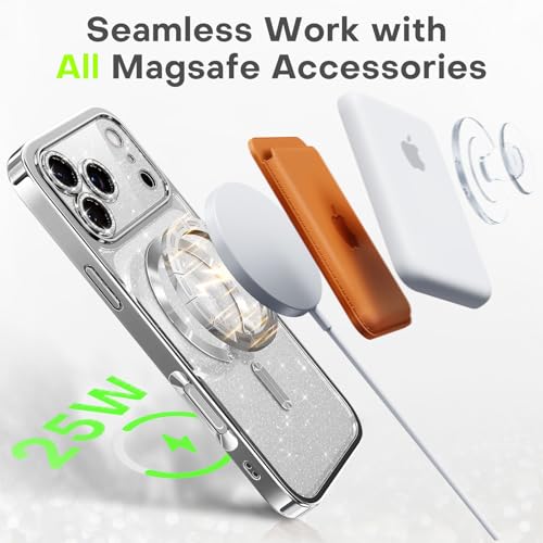 Glitter for iPhone 17 Pro Max Case with Eye-catching Integrated Lens Protection, [Seamless Work with Magsafe] [Sparkly Bling Back Panel] Cute Women Girly Magnetic Case for iPhone 17 Pro Max Silver by DOMAVER - Used condition - Image 4