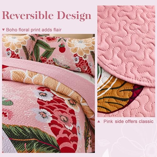 Image of Tyrot 3 Piece Pink Boho Floral Full /Queen Quilt Sets Farmhouse Botanical Reversible Lightweight Bedspread with 2 Shams Butterfly Microfiber Bedding Quilts Set for All Season, 90''x96''