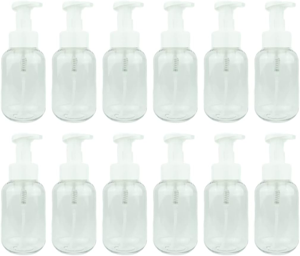 Plastic Clear 10oz Foam Soap Spray Bottle: 12 pack - Empty Spray Bottles - Clear Refillable Container for Water, Essential Oils, Hair, Adjustable Head Sprayer and Stream
