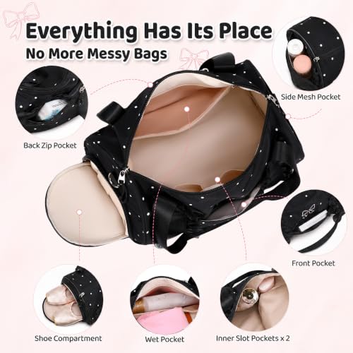 Image of CAMTOP Girls Dance Duffle Bag with Shoe Compartment, Ballet Gymnastics Bag for Girls 4-6, Toddler Travel Overnight Sports Bag with Strap, Cute Ballerina Gift (Black Polka dot)