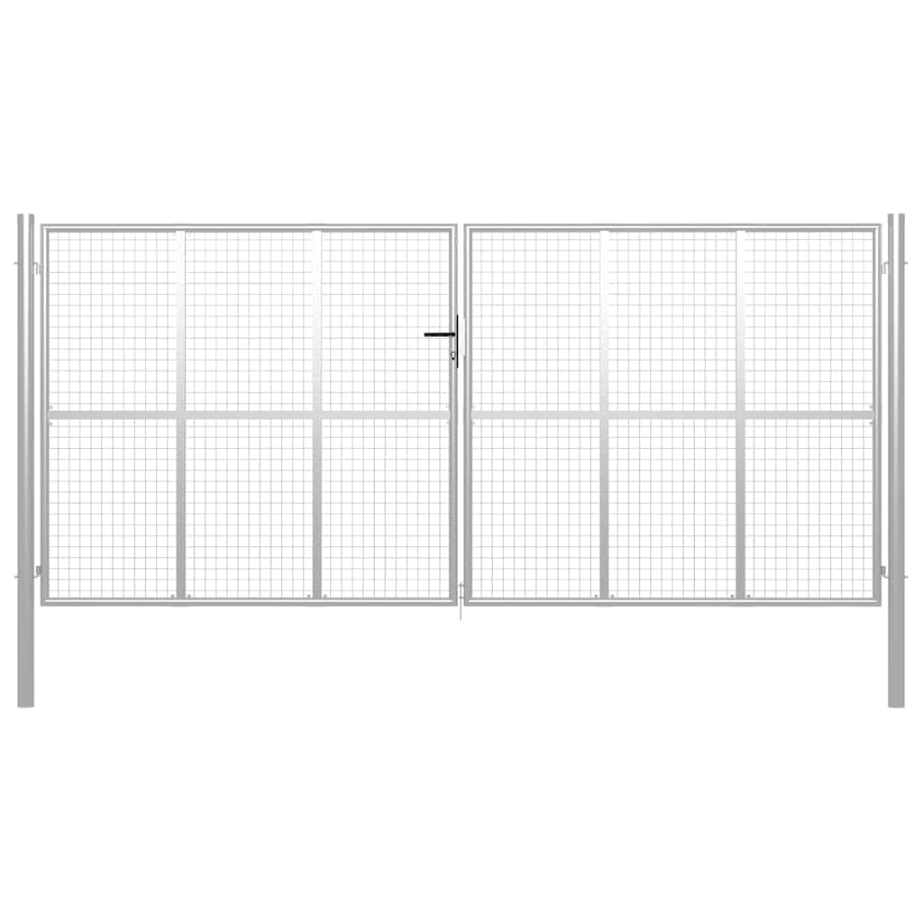 Brama ogrodowa z ocynkowanej stali, 400 x 175 cm, srebrna, zamykana z zamkiem, zawiasem i słupkiem, do wjazdu, ogrodzenia i ogrodu, solidna brama kratkowa z 3 kluczami