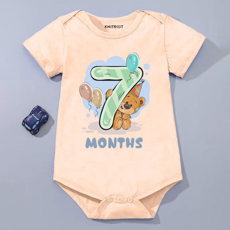 Image of Knitroot Monthly Birthday Teddy Special, Newborn Baby Half Sleeve Unisex Romper, Onesies, Sleepsuit, Body Suit, Envelope Neck, 1 to 12 Months Print, 0-12 Months, Infant Cloth for Boys & Girls