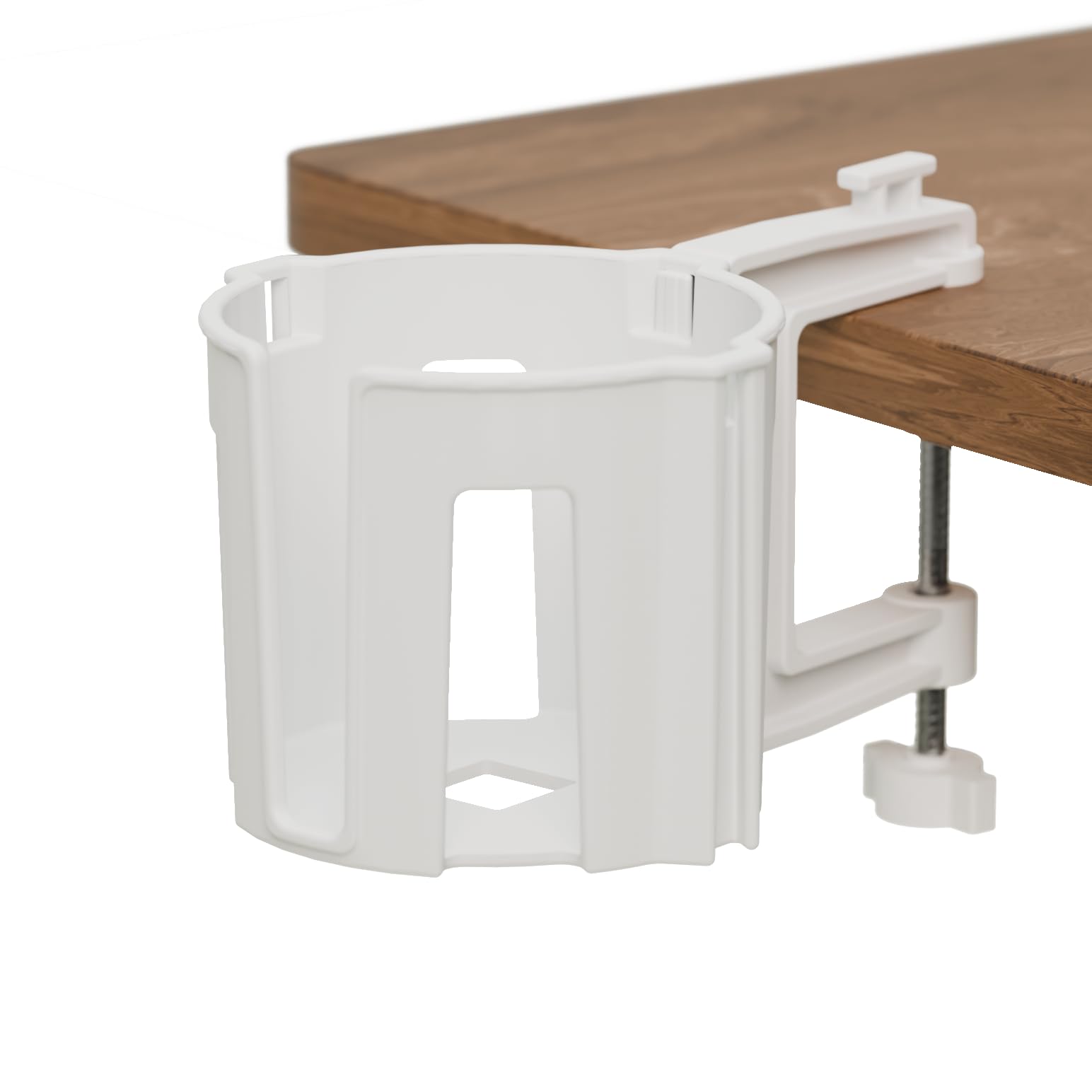 Original Large Desk Cup Holder Clamp – Cup-Holster, The Anti-Spill Cup Holder for Table, Office & Gaming – Multi-Directional Drink & Headphone Holder (White)