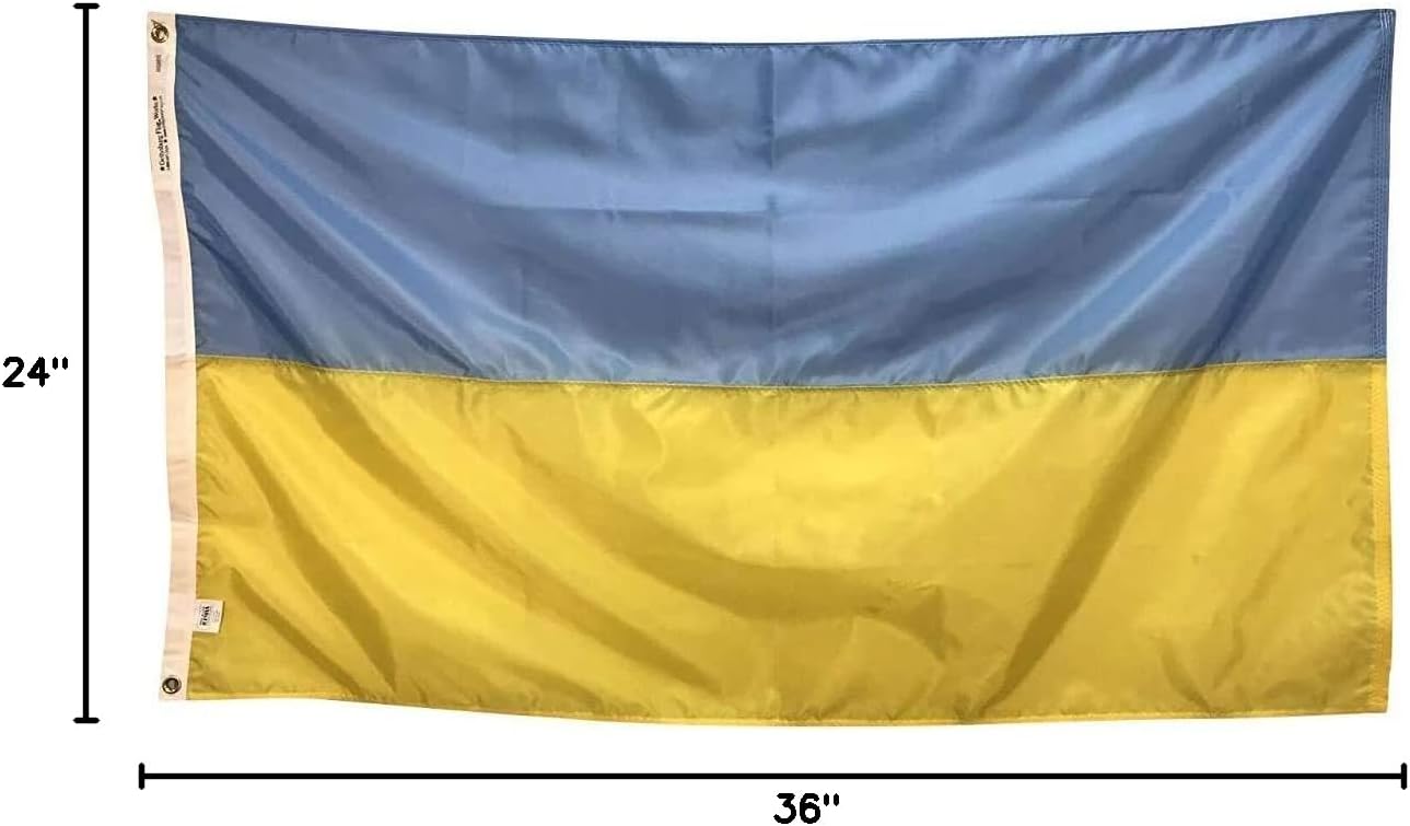2x3' Ukraine Flag, Sewn Stripes of Durable and Fade Resistant All Weather Nylon, With Canvas Header and Brass Grommets, 4 Rows of Fly End Stitching, Made in USA