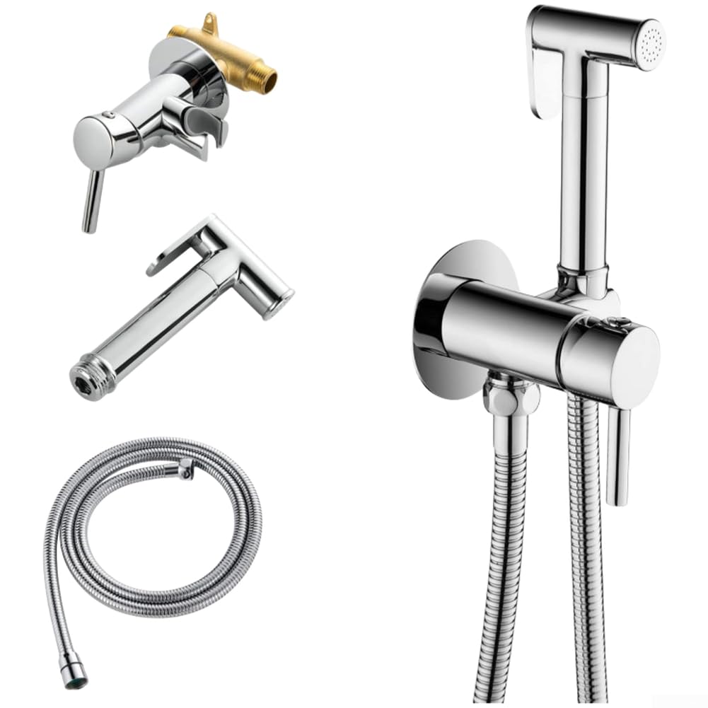 Juego de ducha de bidé montado en la pared para baño Bidé montado en la | Construcción de cobre sólido, mezcla fría caliente, flujo ajustable, elegante válvula oculta, kit de instalación completo