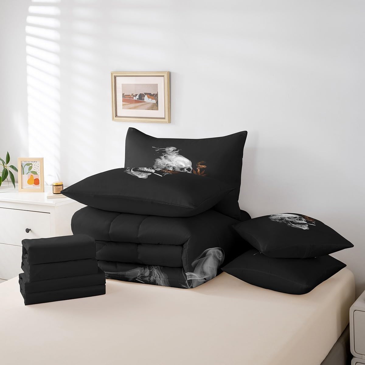 Erosebridal Gothic Skull 7 Pcs Comforter Set Twin,Orange Leaves Bedding Set for Women Men Adults,Tropical Botanical Plant Bed Sets with Sheet Set,Smoky Skeleton Bed in a Bag