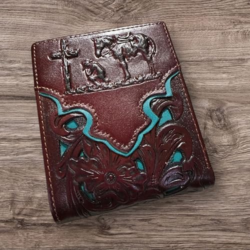 Men’s Short Leather Wallet – Embossed Cowboy Praying at Cross with Laser Cut Design – Christian Western Bifold Wallet for Ranchers, Cowboys & Faith-Based Gifts2