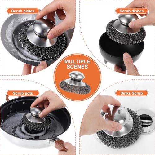 Image of 2 Pcs Stainless Steel Wool Scrubbers with Handle and 2 Pcs Replacement Metal Wool Pads, Steel Pot Dishes Scrubber for Scouring Stubborn Messes from Cast Iron, Pots, Pans, Grill, Stoves, Sink, Dishes