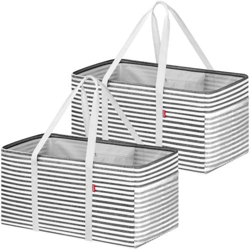 LHZK 2 Pack Extra Large Utility Tote Bag with Metal Wire Frame and the Sides Rinforced, Extra Large Tote Bag with Handle, Reusable Grocery Bags Foldable, Beach Bag, Car Tote, Grey, 26''x15''x13''