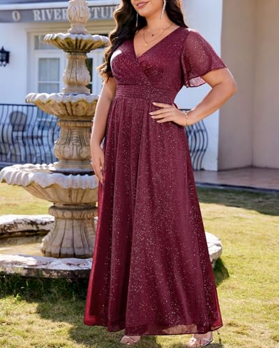 Image of Talisea Plus Size Formal Dresses - V Neck Flutter Sleeve Glitter Prom Evening Gowns Wedding Guest Chiffon Long Maxi Dress