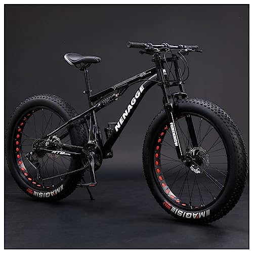 Nenagge Fat Tire Mountain Bikes For Men Full Suspension 26 Inch, High Carbon Steel 21/27/30 Speed Mountain Bicycle, Adult Mtb For Beach Snow, Dual Disc Brake,Black,21 Speeds #TOP27