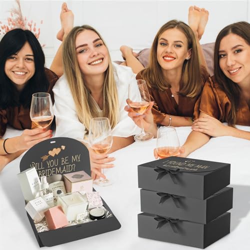 Ocmoiy 12 Pack Gift Boxes with Lids 10.6x7.8x3.1 Inch, Bulk Bridesmaid Proposal Boxes with Ribbon, Black Gift Boxes for Wedding Baby Shower Birthday Party, Valentine\'s Day Gift Boxes