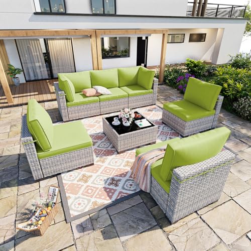 Image of 7-Piece Patio Furniture Set, Outdoor Sectional with Thick Cushions, Modular Patio Sofa, Dual-Strand Wicker Rattan, Rust-Resistant Frame, Backyard Furniture for Garden, Deck, Grass Green