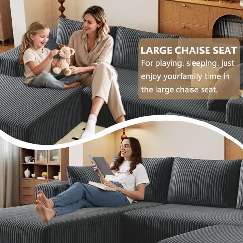 Image of 96 inch U-Shape Cloud Couch, Modern Modular Sectional L-Shape Sofa with Ottoman, Corduroy Upholstered Couches Deep Seat Chaise Longue for Living Room, No Assembly Required(Dark Gray, Left Facing)