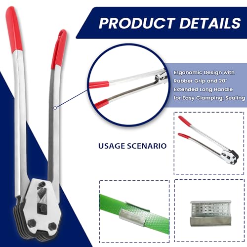 Image of Steel Banding Tool Strapping Sealer - 2 in 1 Crimper & Sealer with 20 inch Extra-Long Handle and Enhanced Bite for PET Banding 1 /2 inch~3 /4 inch-Steel Strapping Tool for Heavy Duty Package