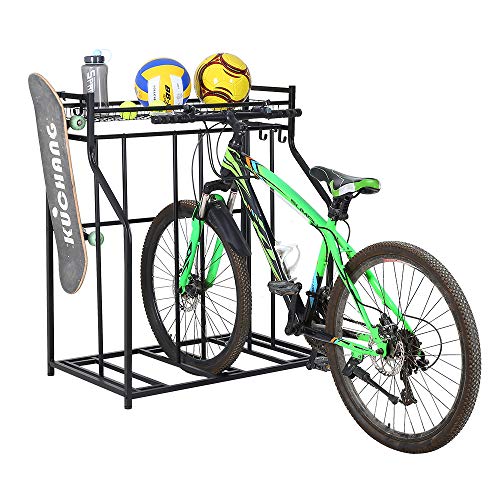 SNAIL 3 Bike Stand Rack with Storage for Garage Use, Freestanding Bicycle Instant Floor Parking Stand for Parking Road, Mountain, Hybrid or Kids Bikes, Sports Storage Station Garage Organizer - Black