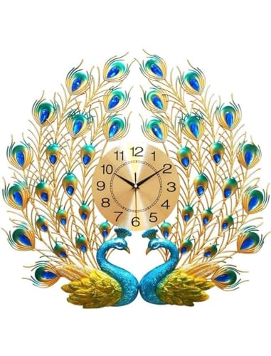 Image of European Style Luxury Large 2 Head Peacock Analog Clock 3D Diamonds Non-Ticking Silent Creative Personality Metal Art Wall Decorative Clock (2 Head Peacock Clock)