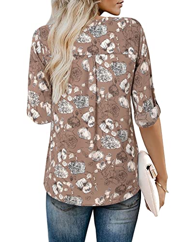 Youtalia Womens Blouses Dressy Casual Business Tops 3/4 Sleeve Chiffon V Neck Work Office Shirts3