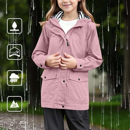 Girls Striped Hooded Windbreaker Comfy Lightweight Waterproof Raincoat Full Zip Button down Long Jacket Outdoor Hiking Coat2