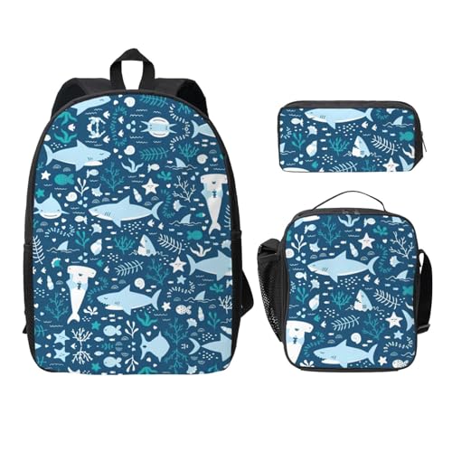 Sac à dos d'école léger noir imprimé poisson bleu avec trousse et lunch bag