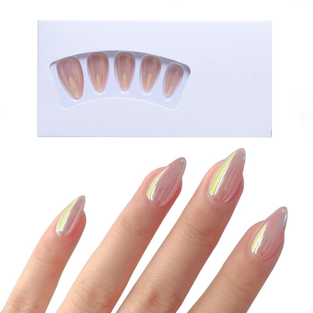 S.A.V.I 24 pcs - Nude Almond False Nails, Chrome Effect, Medium Length, Easy-to-Apply Press on Nail Art