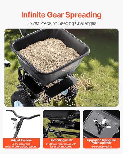 Image of VEVOR Broadcast Spreader, 100LBS Capacity, Walk-Behind Push Spreader, 0-9.8ft Spreading Width, 13 in All Terrain Pneumatic Tires, Fertilizer Spreaders with Hopper Grate, for Seed Salt Ice Melt