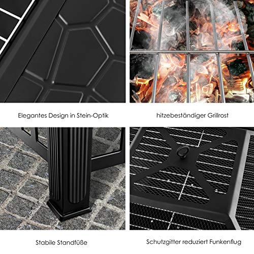 KESSER® Feuerstelle mit Grillrost & Grillzange Feuerschale 82x82x50cm, 3in1 Multifunktional Fire Pit für Heizung/BBQ Grill, Garten Terrasse, Metall Feuerkorb mit Schutzhülle Schürhaken Funkenschutz – Bild 5