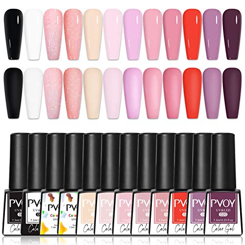 PVOY Nude Glitter Gel Nail Polish Set Valentine's Day 12 Colors Pink Nail Gel Polish Kit Soak Off UV LED Gel Manicure Set Nail Art Kit for Home Salon 7.3ml