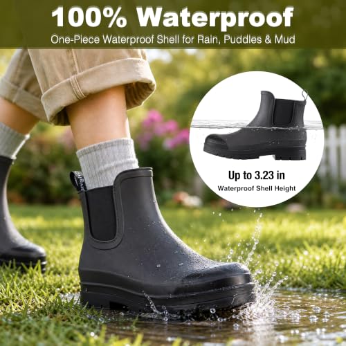 Image of planone Women's Fashion Waterproof Short Chelsea Rain Boots Durable Non Slip Ankle Rubber Boots Work Booties Lightweight Outdoor Garden Shoes with Removable Insole