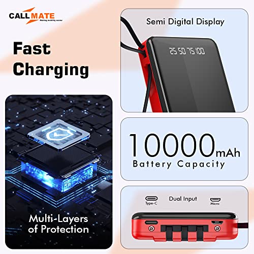 Image of CALL MATE DX03 Power Bank 10000mAh Li-Polymer with 2.4 Fast Charging with 1 USB Port and 2 Input (Micro, Type C),Semi Digital Battery Indicator, in-Built 3 in 1 Detachable Cable (Red)