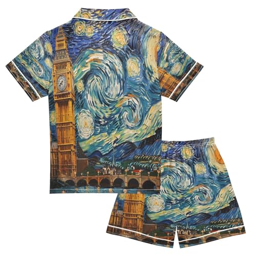 ALAZA Van Gogh Starry Sky Big Ben Satin Pajamas Set Short Sleeve Button Down Sleepwear Summer Pjs 2 Piece2