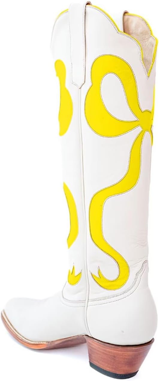 KISSASA Western Cowboy Boots for Women Colorful Bows Classic Embroidered Women Knee High Boots Chunky Heel Pointed Toe Pull On Fashion Tall Boot