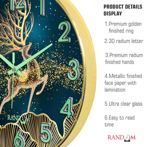 Image of RANDOM Modern 12.75INCH Wall Clock with 3D Radium Numbers, Silent Non-Ticking, Premium Golden Frame, Ultra Clear Glass for Living Room, Home Office